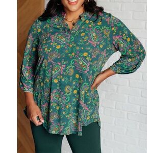 Deer Scarlett Top in Teal and Purple Floral Paisley 2X